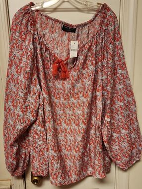 Lane Bryant Coral Floral Print Peasant Blouse